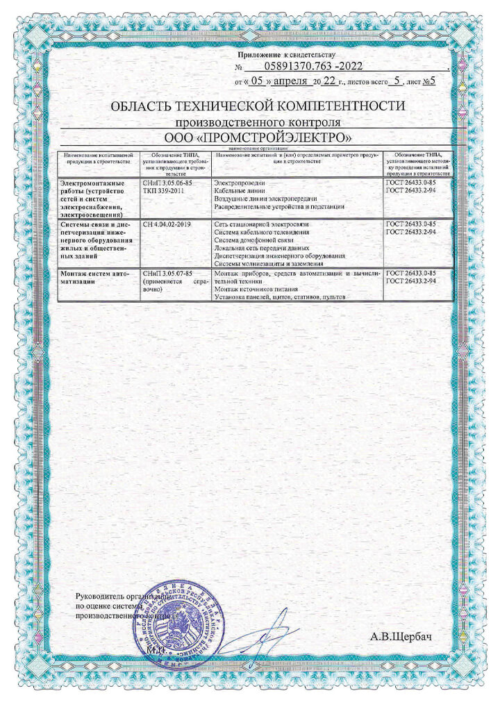 Certificate of technical competence of PromstroyElectro LLC